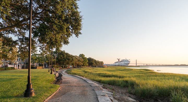 Charleston SC waterfront park with cruise ship